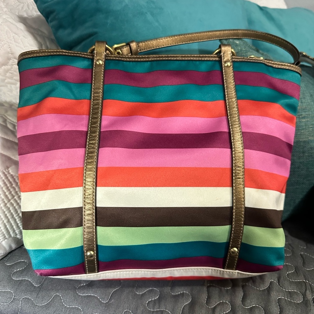 Coach Pink and Orange Tote Bag Vibrant Striped Design - Picture 4 of 11